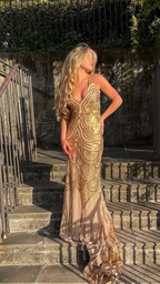 Unique Mermaid Golden Sequin Long Sweep Open Back Formal Prom Dresses Formal Evening Dresses