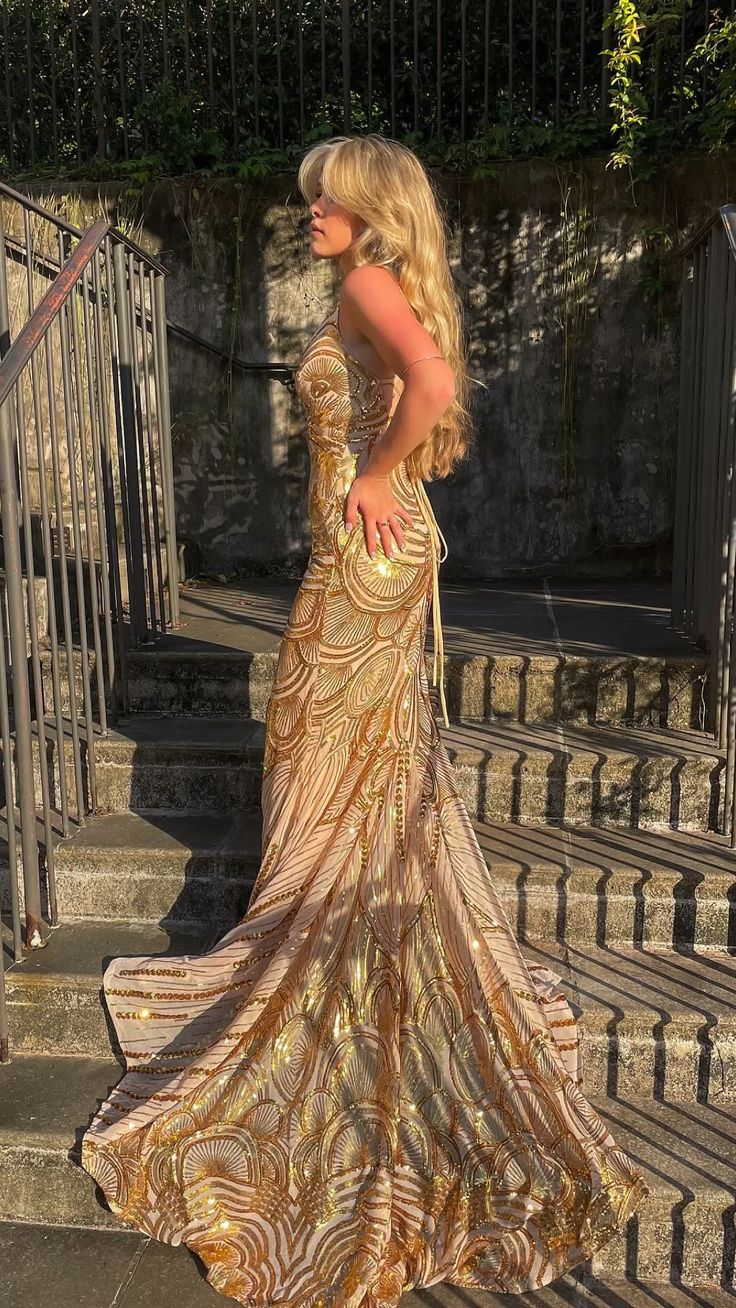 Unique Mermaid Golden Sequin Long Sweep Open Back Formal Prom Dresses Formal Evening Dresses