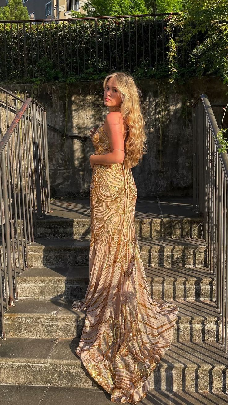 Unique Mermaid Golden Sequin Long Sweep Open Back Formal Prom Dresses Formal Evening Dresses