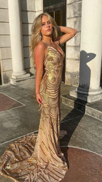 Unique Mermaid Golden Sequin Long Sweep Open Back Formal Prom Dresses Formal Evening Dresses