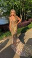 Unique Mermaid Golden Sequin Long Sweep Open Back Formal Prom Dresses Formal Evening Dresses