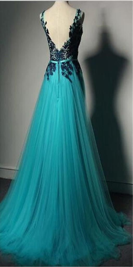 Unique Green Tulle A-line Long Formal Prom Dresses-Purple Lace Applique Prom Dresses Secondary image