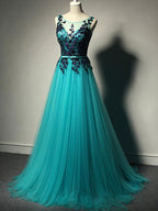 Unique Green Tulle A-line Long Formal Prom Dresses-Purple Lace Applique Prom Dresses