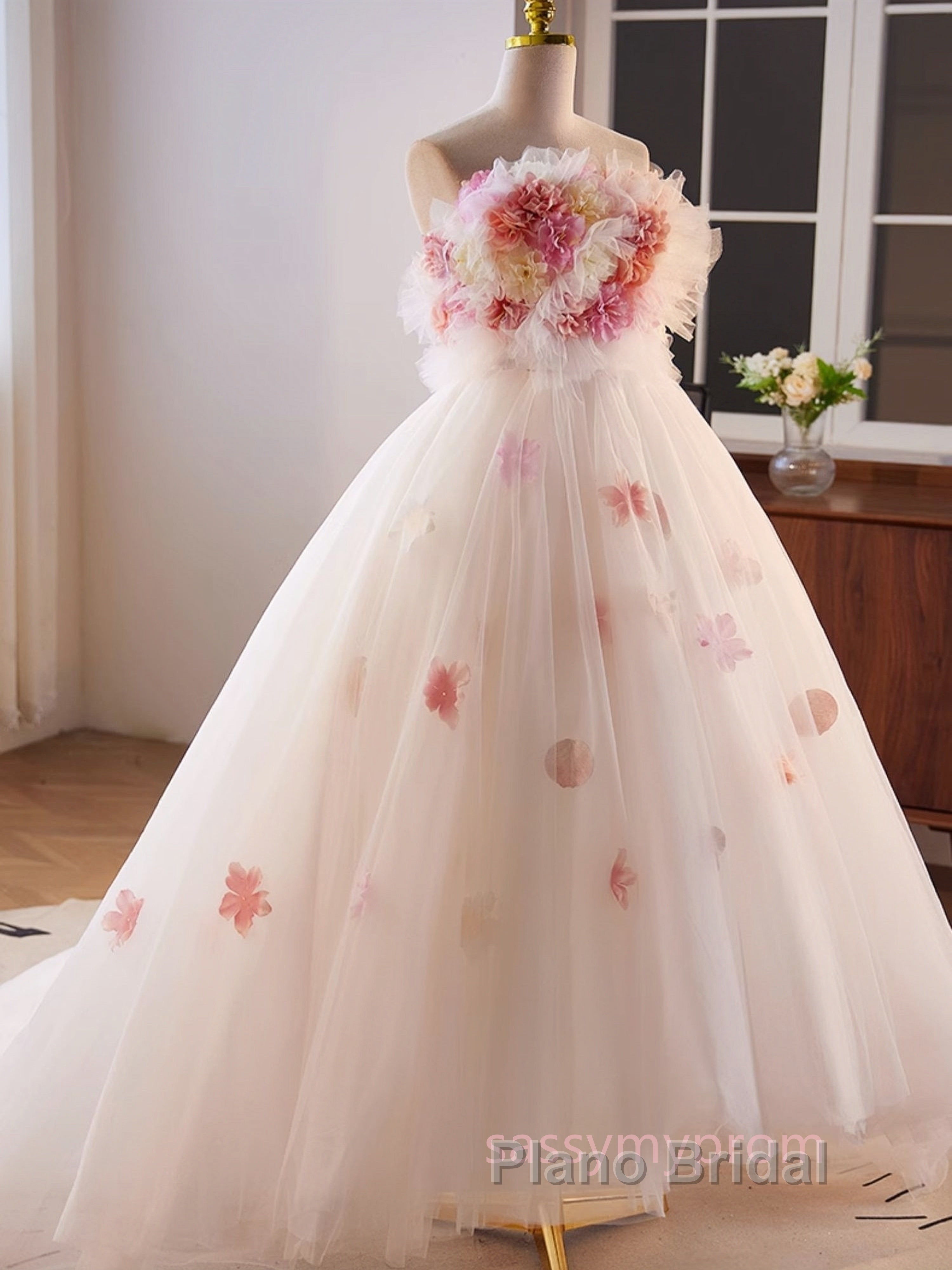 Unique High Low Flower Pink Tulle Sweetheart Formal Prom Dresses