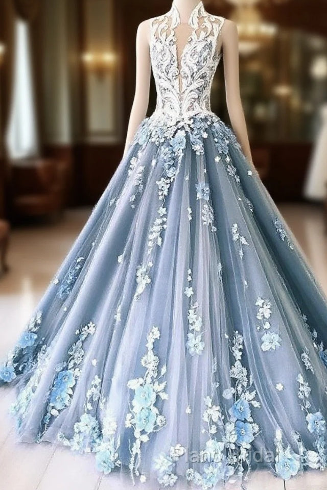 Unique High Neck Tulle Lace Long Formal Prom Dresses Blue Tulle Lace Formal Dresses