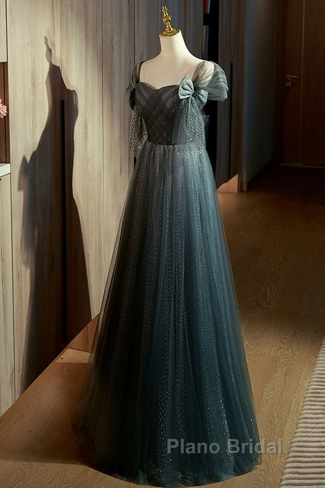 Unique Ink Blue Spotted Off Shoulder Short Sleeve Sequin Ball Dresses Ink Blue A-Line Off Back Tie Bow And Floor Length Formal Prom Dresses Secondary image