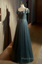 Unique Ink Blue Spotted Off Shoulder Short Sleeve Sequin Ball Dresses Ink Blue A-Line Off Back Tie Bow And Floor Length Formal Prom Dresses