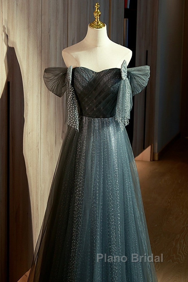 Unique Ink Blue Spotted Off Shoulder Short Sleeve Sequin Ball Dresses Ink Blue A-Line Off Back Tie Bow And Floor Length Formal Prom Dresses