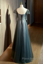 Unique Ink Blue Spotted Off Shoulder Short Sleeve Sequin Ball Dresses Ink Blue A-Line Off Back Tie Bow And Floor Length Formal Prom Dresses