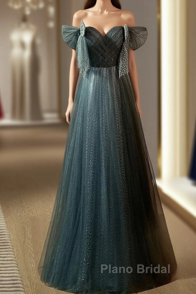 Unique Ink Blue Spotted Off Shoulder Short Sleeve Sequin Ball Dresses Ink Blue A-Line Off Back Tie Bow And Floor Length Formal Prom Dresses Main image