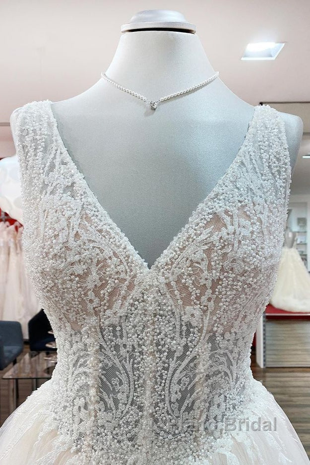 Unique Ivory Long Princess V-neck Tulle Lace Wedding Dress