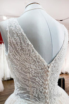 Unique Ivory Long Princess V-neck Tulle Lace Wedding Dress