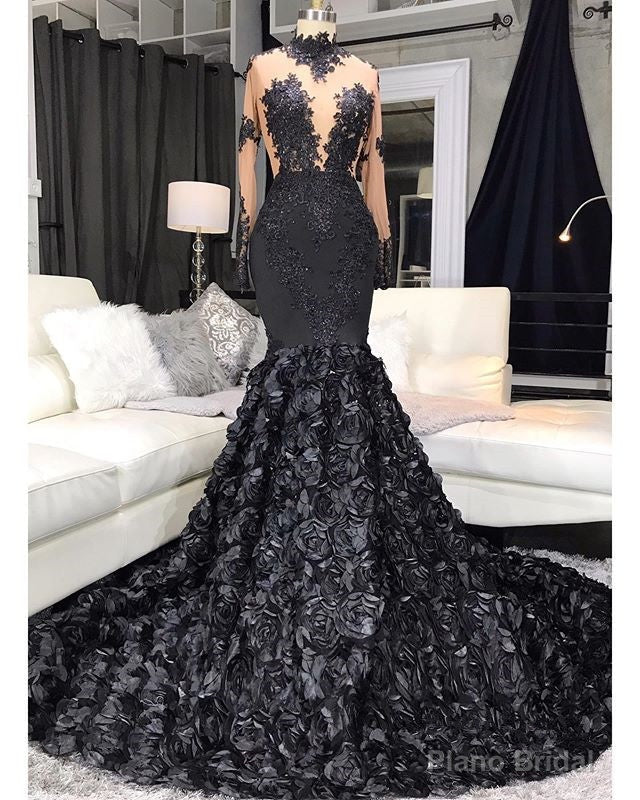Unique Lace Appliques Flowers High Neck Prom Dresses Sheer Tulle Fit and Flare Evening Gowns Secondary image