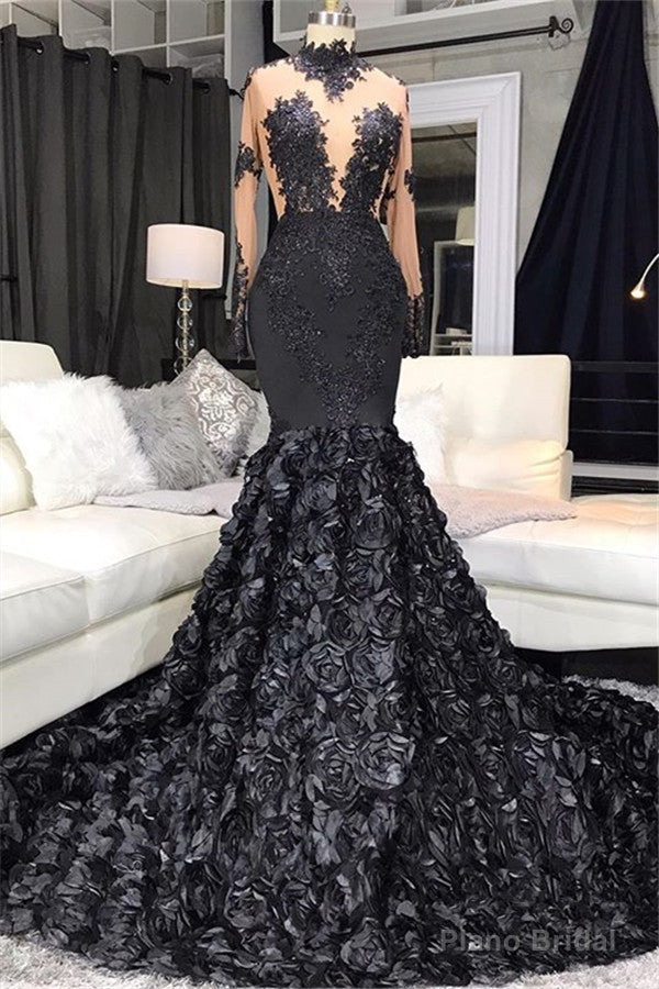Unique Lace Appliques Flowers High Neck Prom Dresses Sheer Tulle Fit and Flare Evening Gowns Main image