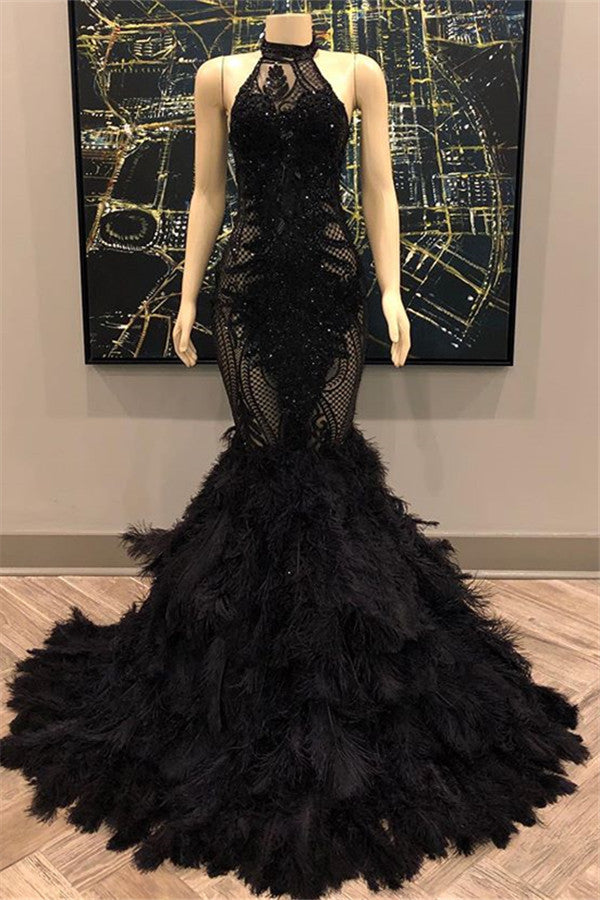 Unique Lace Appliques Halter Feather Prom Dresses Sleeveless Alluring Fit and Flare Evening Gowns