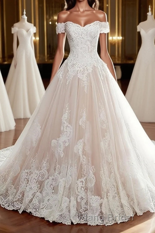 Unique lace tulle long wedding dress, lace long bridal dress Main image