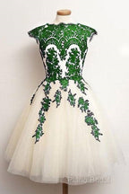 Unique Lace Tulle Short Formal Prom Dresses, Lace Bridesmaid Dresses