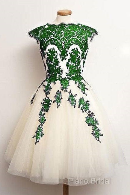 Unique Lace Tulle Short Formal Prom Dresses, Lace Bridesmaid Dresses