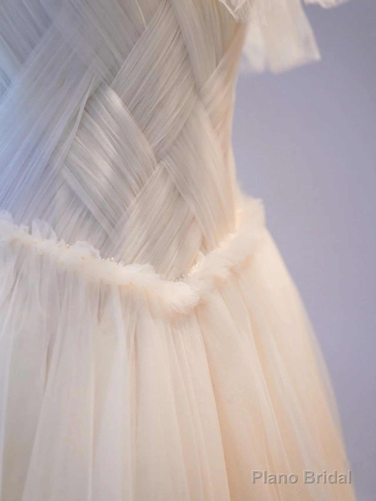 Unique Light Champagne Tulle Long Prom Dress, Tulle Formal Wedding Party Dress