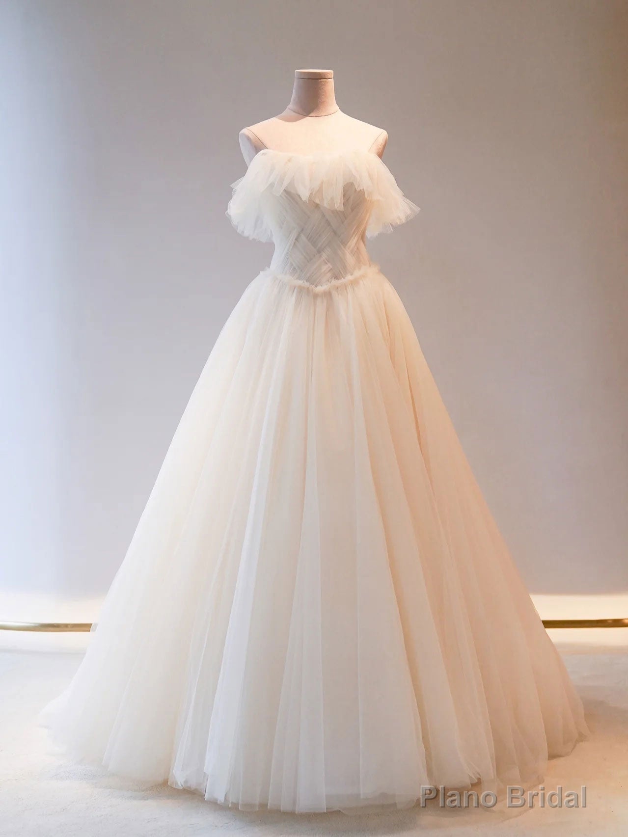 Unique Light Champagne Tulle Long Prom Dress, Tulle Formal Wedding Party Dress Secondary image