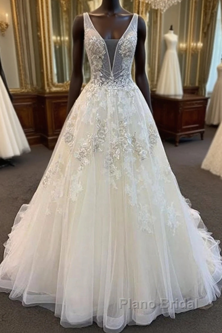 Unique Long A-line Tulle V Neck Beaded Lace Wedding Dress Main image
