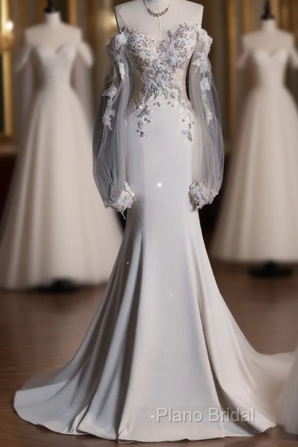 Unique Mermaid Off The Shoulder Long Tulle White Wedding Dresses Brides Dresses Main image