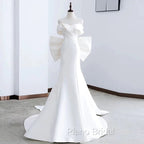Unique Mermaid Off The Shoulder Long White Satin Wedding Dresses