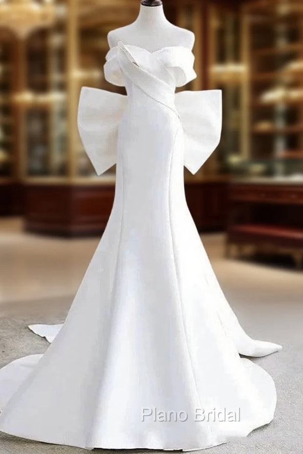 Unique Mermaid Off The Shoulder Long White Satin Wedding Dresses Main image