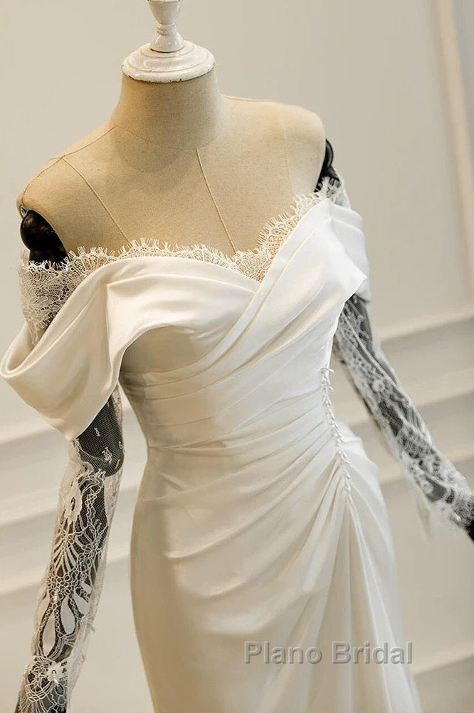Unique Mermaid Off The Shoulder Pleats Satin Long Sleeves Wedding Dresses Brides Dresses Secondary image