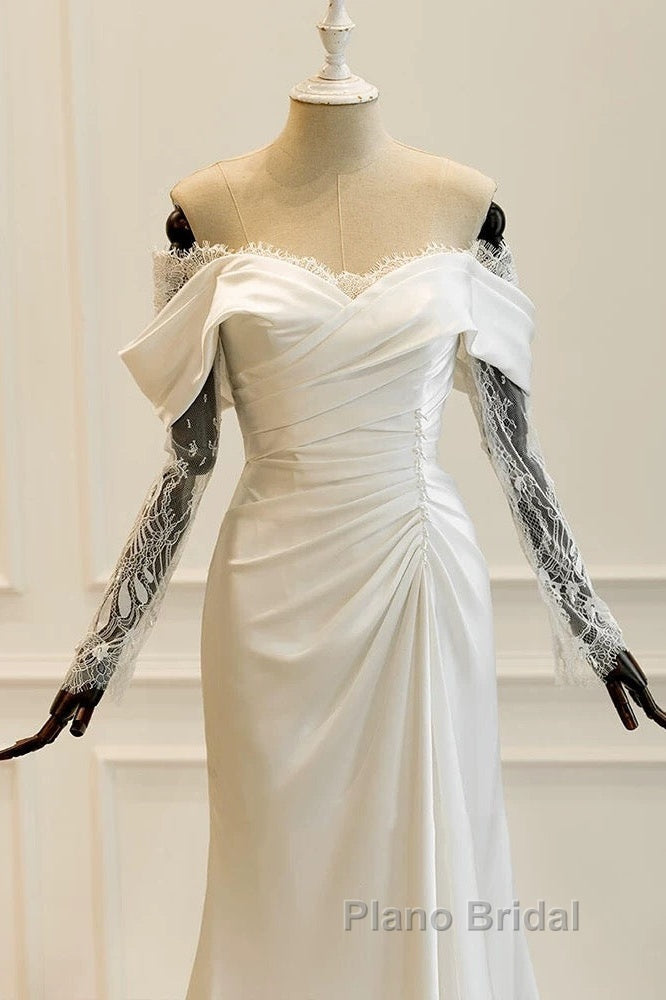 Unique Mermaid Off The Shoulder Pleats Satin Long Sleeves Wedding Dresses Brides Dresses