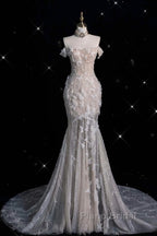 Unique Mermaid Off The Shoulder Sequin Short Sleeves Wedding Dresses Brides Dresses