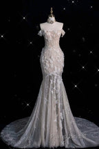 Unique Mermaid Off The Shoulder Sequin Short Sleeves Wedding Dresses Brides Dresses