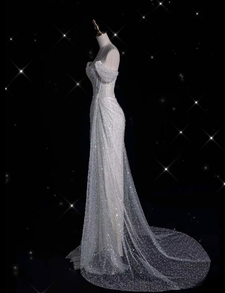 Unique Mermaid Off The Shoulder Sequin Short Sleeves White Wedding Dresses Brides Dresses Secondary image