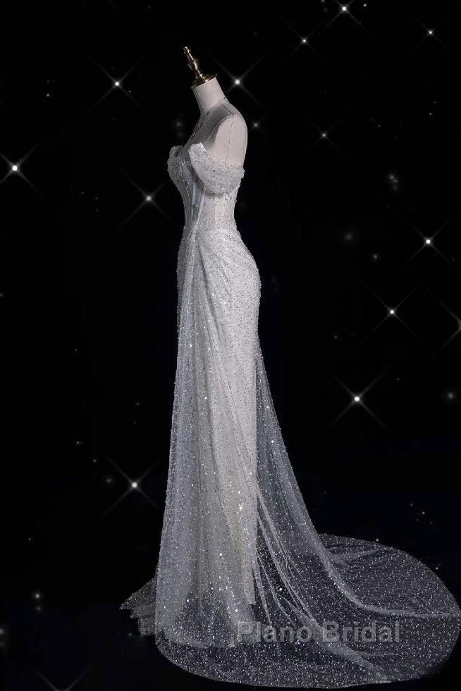 Unique Mermaid Off The Shoulder Sequin Short Sleeves White Wedding Dresses Brides Dresses Secondary image