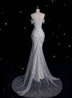 Unique Mermaid Off The Shoulder Sequin Short Sleeves White Wedding Dresses Brides Dresses