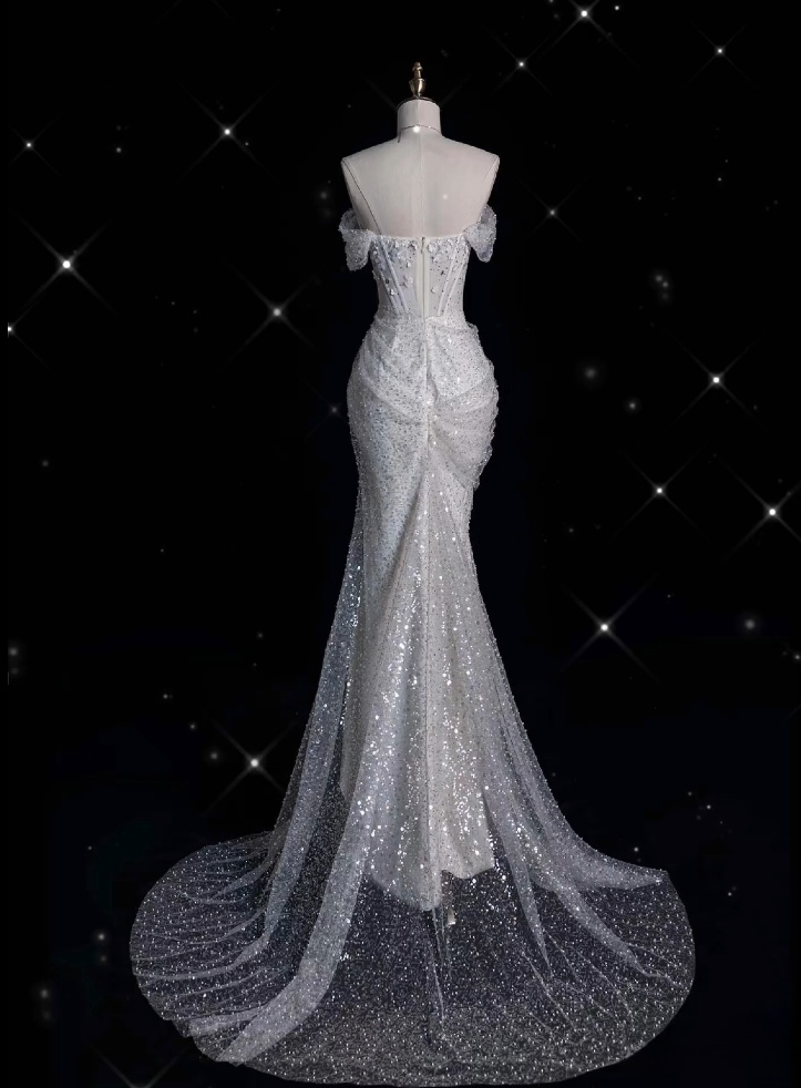 Unique Mermaid Off The Shoulder Sequin Short Sleeves White Wedding Dresses Brides Dresses