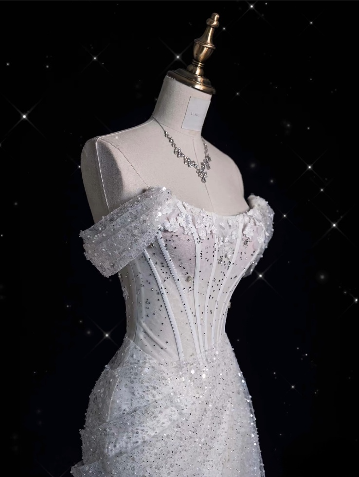Unique Mermaid Off The Shoulder Sequin Short Sleeves White Wedding Dresses Brides Dresses