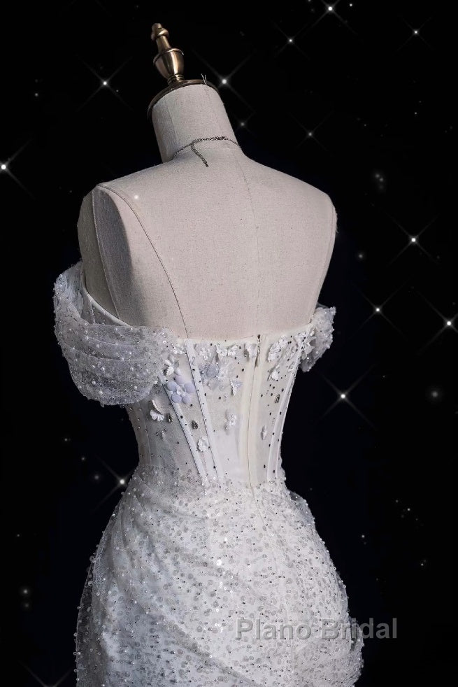 Unique Mermaid Off The Shoulder Sequin Short Sleeves White Wedding Dresses Brides Dresses