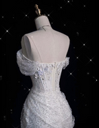 Unique Mermaid Off The Shoulder Sequin Short Sleeves White Wedding Dresses Brides Dresses