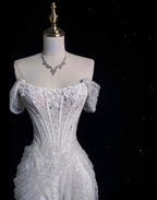 Unique Mermaid Off The Shoulder Sequin Short Sleeves White Wedding Dresses Brides Dresses