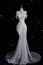 Unique Mermaid Off The Shoulder Sequin Short Sleeves White Wedding Dresses Brides Dresses