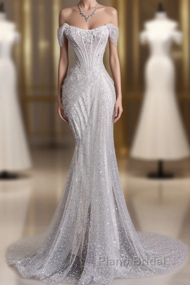 Unique Mermaid Off The Shoulder Sequin Short Sleeves White Wedding Dresses Brides Dresses Main image