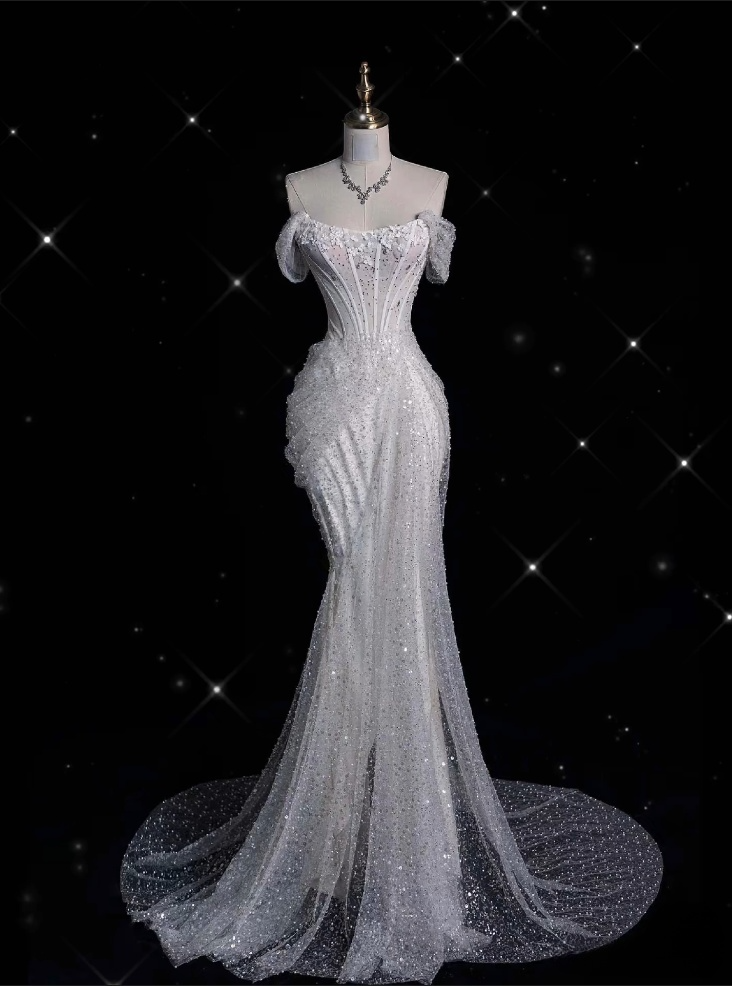Unique Mermaid Off The Shoulder Sequin Short Sleeves White Wedding Dresses Brides Dresses