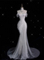 Unique Mermaid Off The Shoulder Sequin Short Sleeves White Wedding Dresses Brides Dresses