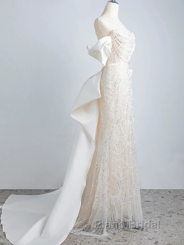 Unique Mermaid Off The Shoulder Short Sleeves Long White Sequin Wedding Dresses Secondary image