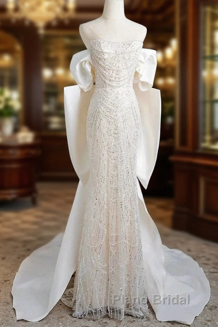 Unique Mermaid Off The Shoulder Short Sleeves Long White Sequin Wedding Dresses Main image