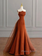 Unique Mermaid Satin Brown Long Formal Prom Dresses, Brown Long Evening Dresses