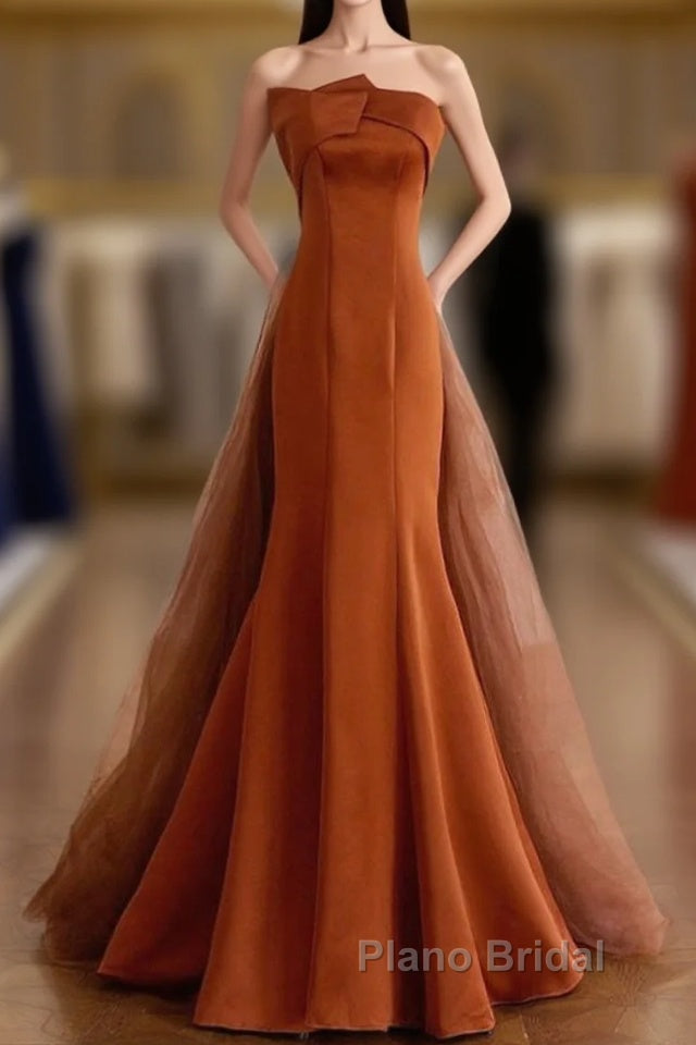 Unique Mermaid Satin Brown Long Formal Prom Dresses, Brown Long Evening Dresses Main image
