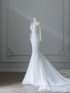Unique Mermaid Scoop Neckline Long Sleeves Wedding Dresses White Brides Dresses