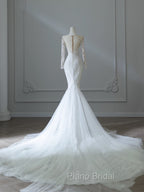 Unique Mermaid Scoop Neckline Long Sleeves Wedding Dresses White Brides Dresses